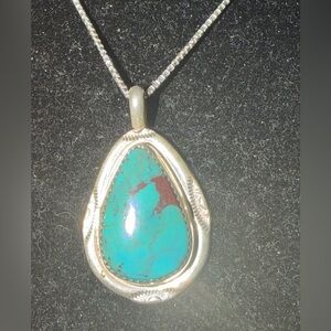 .925 Sterling Silver Vintage Navajo HT Turquoise Teardrop Pendant and Necklace